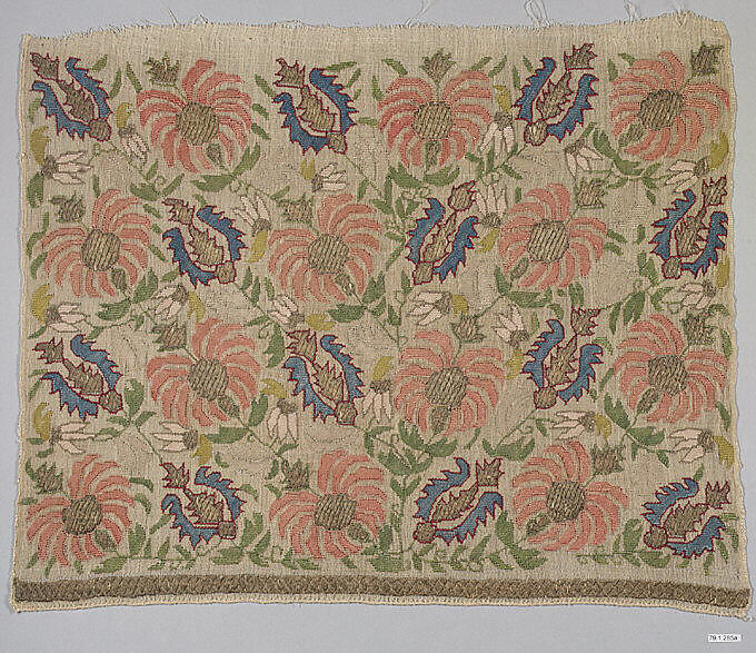 Textile Fragment, Linen, silk, metal wrapped thread; plain weave, embroidered