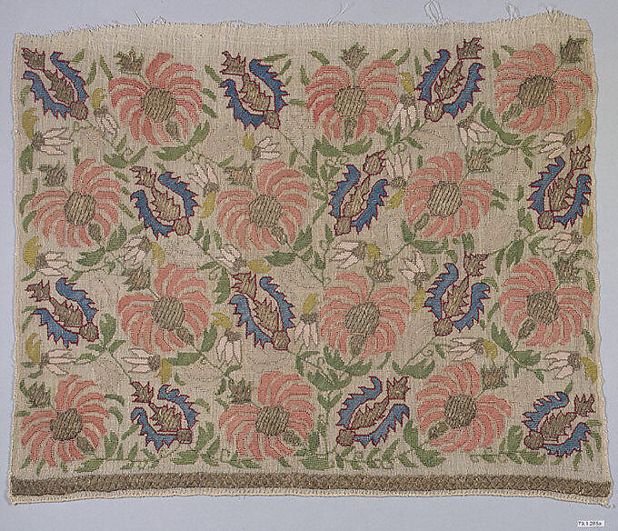 Textile Fragment, Linen, silk, metal wrapped thread; plain weave, embroidered