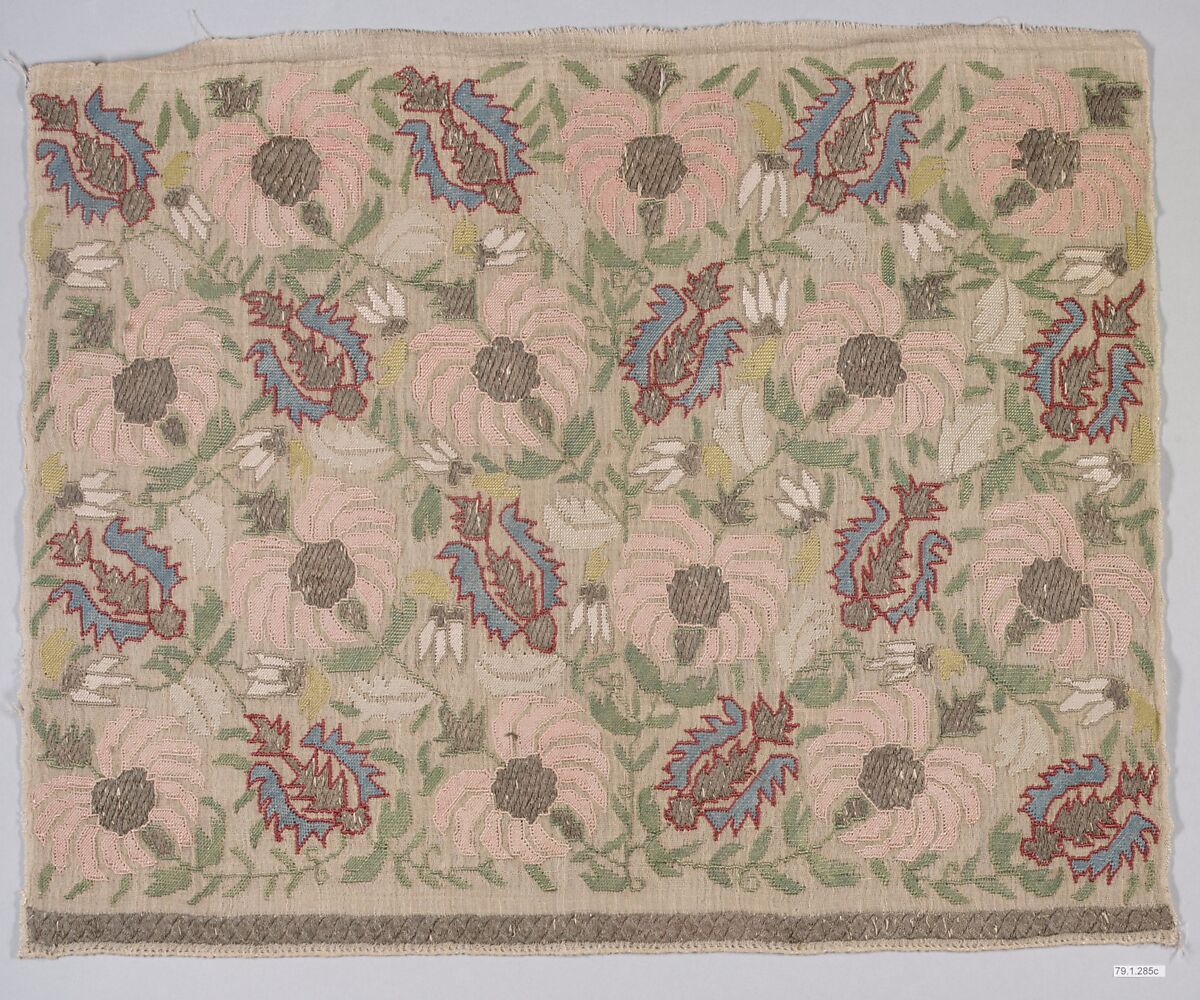 Textile Fragment, Linen, silk, metal wrapped thread; plain weave, embroidered