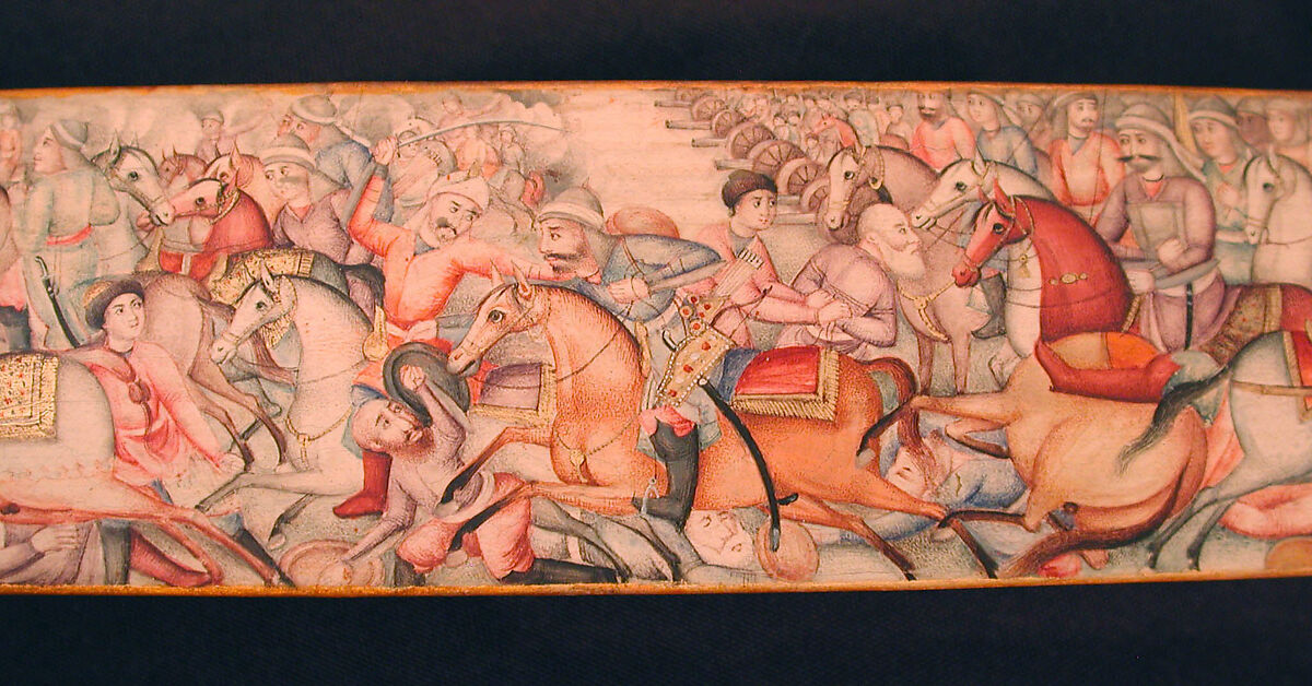 Pen Box (Qalamdan) Depicting Shah Isma'il in a Battle against the Uzbeks, Papier-maché; painted and lacquered