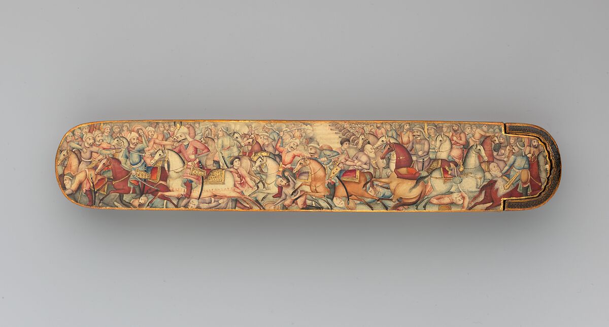Pen Box (Qalamdan) Depicting Shah Isma'il in a Battle against the Uzbeks, Papier-maché; painted and lacquered