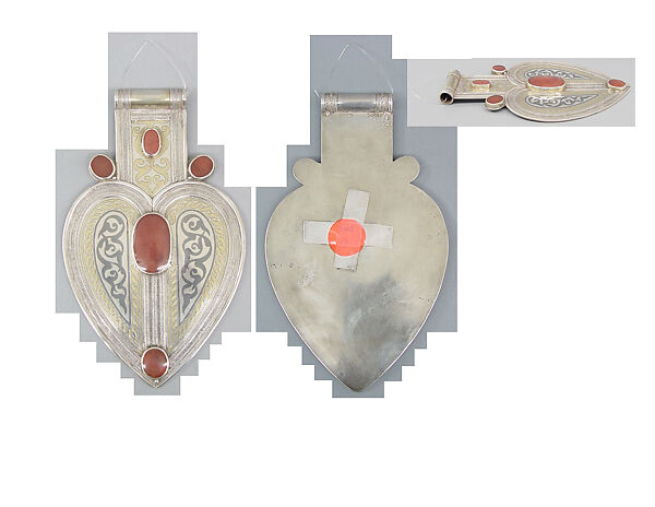 Cordiform Pendant, Silver; fire-gilded and chased, with niello inlay, decorative wire, and table-cut carnelians