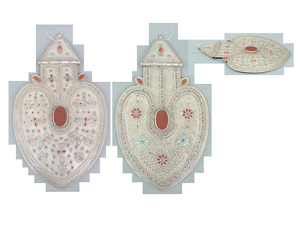 Cordiform Pendant, Silver with applied decoration, decorative wire, synthetic resin inlays, blue and red glass beads, and table-cut and cabochon cornelians.