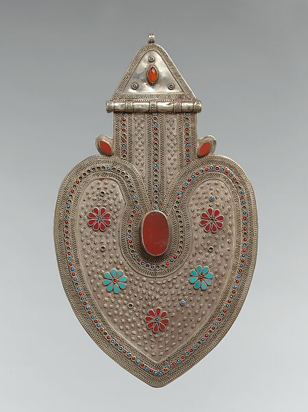 Cordiform Pendant, Silver with applied decoration, decorative wire, synthetic resin inlays, blue and red glass beads, and table-cut and cabochon cornelians. 