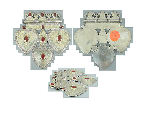 Triple Cordiform Pendant, Silver; fire-gilded and chased with decorative wire, ram's head terminals, and cabochon cut carnelians