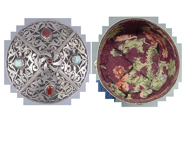 Crown, Silver, with openwork, decorative wire, and slightly domed and tablecut carnelians and turquoises; cotton foundation