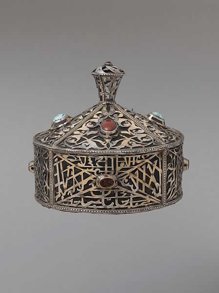 Crown, Silver, with openwork, decorative wire, and slightly domed and tablecut carnelians and turquoises; cotton foundation