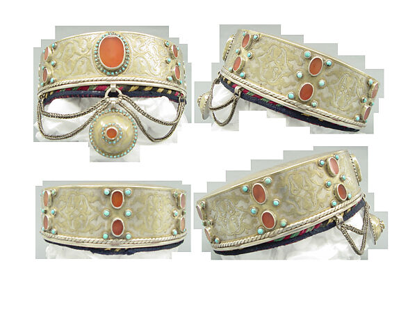 Crown, Silver; fire-gilded and chased with wire chains, table cut carnelians and turquoise beads; quilted cotton lining.