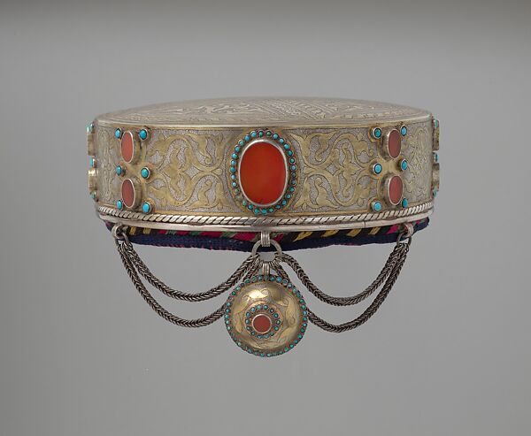 Crown, Silver; fire-gilded and chased with wire chains, table cut carnelians and turquoise beads; quilted cotton lining. 