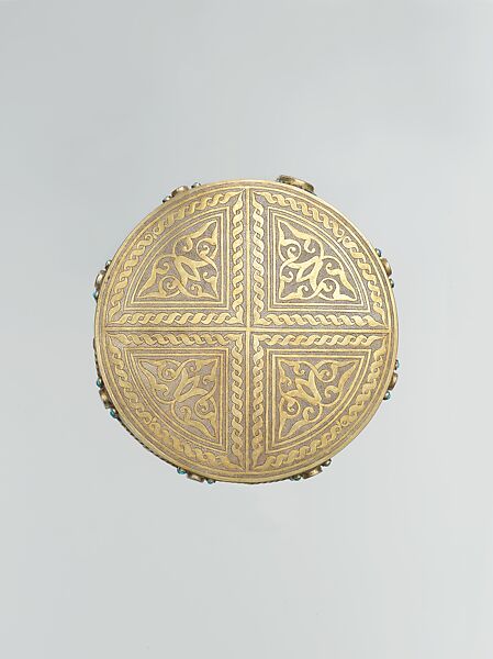 Crown, Silver; fire-gilded and chased with wire chains, table cut carnelians and turquoise beads; quilted cotton lining.