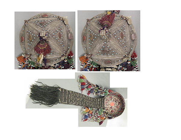 Crown, Silver, with decorative wire and stamped decoration, table-cut incised carnelians, turquoise, beads, openwork, and silver coins; quilted cotton lining, cotton cords and tassels with beads, and velvet strip with metal ornaments