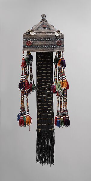Crown, Silver, with decorative wire and stamped decoration, table-cut incised carnelians, turquoise, beads, openwork, and silver coins; quilted cotton lining, cotton cords and tassels with beads, and velvet strip with metal ornaments