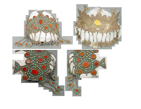 Crown, Silver; with silver shot, table-cut carnelians, turquoise beads, and gilded loop-in-loop chains with pendants