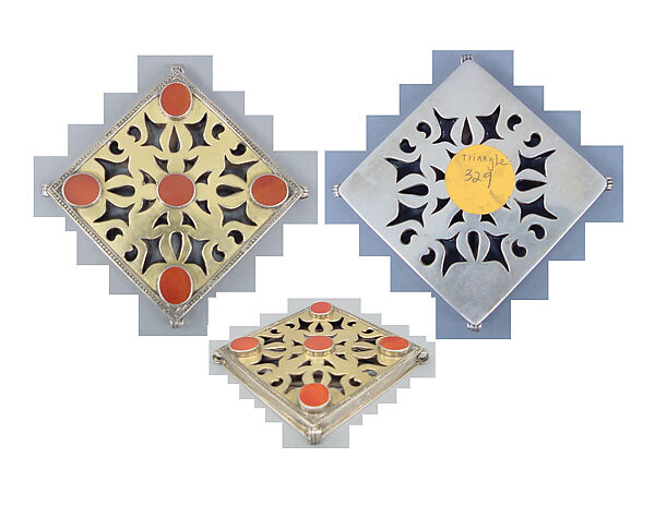 Pectoral Ornament, Silver, fire-gilded, with decorative wire, openwork, and table-cut carnelians