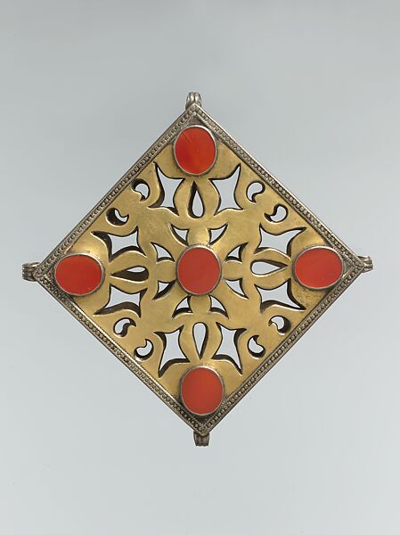 Pectoral Ornament, Silver, fire-gilded, with decorative wire, openwork, and table-cut carnelians