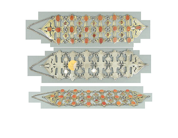 Headband, Silver; fire-gilded and chased, with openwork, decorative wire, and table-cut and cabochon carnelians