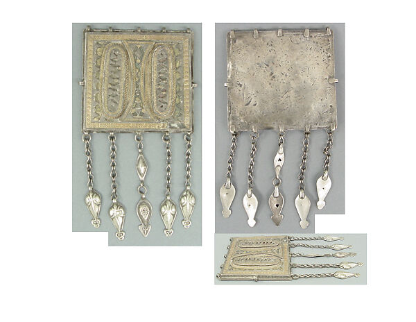 Element of a Pectoral Ornament, Silver; with stamped beading, silver shot, glass inlays over red foil, lacquer, or cloth, loop-in-loop chains, embossed pendants, and stamped fire-gilded decoration