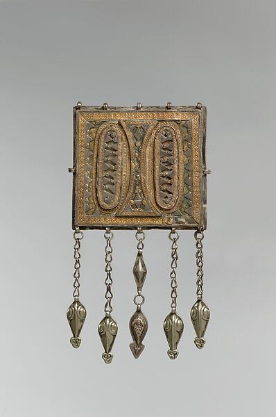 Element of a Pectoral Ornament, Silver; with stamped beading, silver shot, glass inlays over red foil, lacquer, or cloth, loop-in-loop chains, embossed pendants, and stamped fire-gilded decoration 