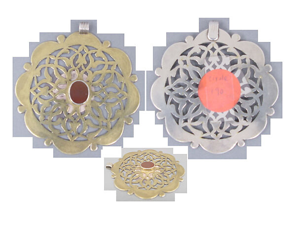 Pectoral Disc Ornament, Silver; fire-gilded with openwork and table-cut carnelian