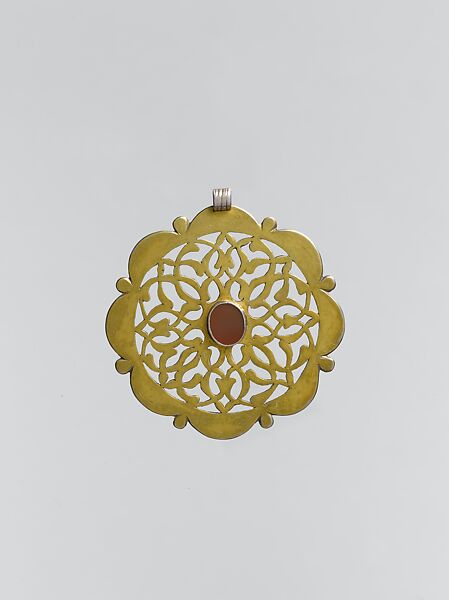 Pectoral Disc Ornament, Silver; fire-gilded with openwork and table-cut carnelian 