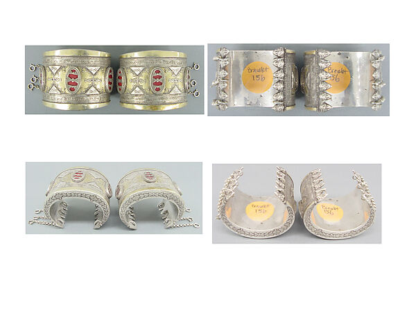 Armband, One of a Pair, Silver, with stamped beading, silver shot, decorative wire, and glass inlays backed with cloth, lacquer, or paper