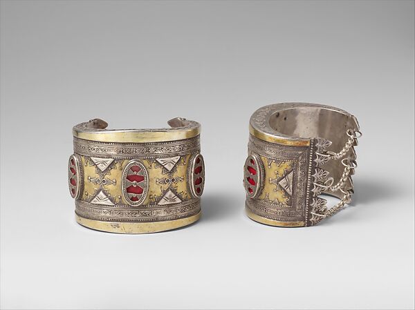 Armband, One of a Pair, Silver, with stamped beading, silver shot, decorative wire, and glass inlays backed with cloth, lacquer, or paper