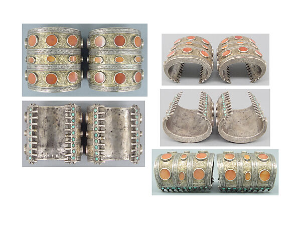 Armband, One of a Pair, Silver, chased, with gilt embossing, decorative wire, stamped beading, tablecut carnelians, and turquoise beads