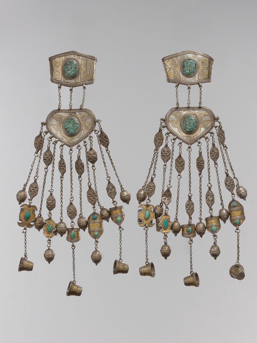 Armband with Bells, Rings, and Thimbles, One of a Pair, Silver, fire-gilded and chased, with decorative wire and applied decoration, loop-in-loop chains with bells, and turquoises