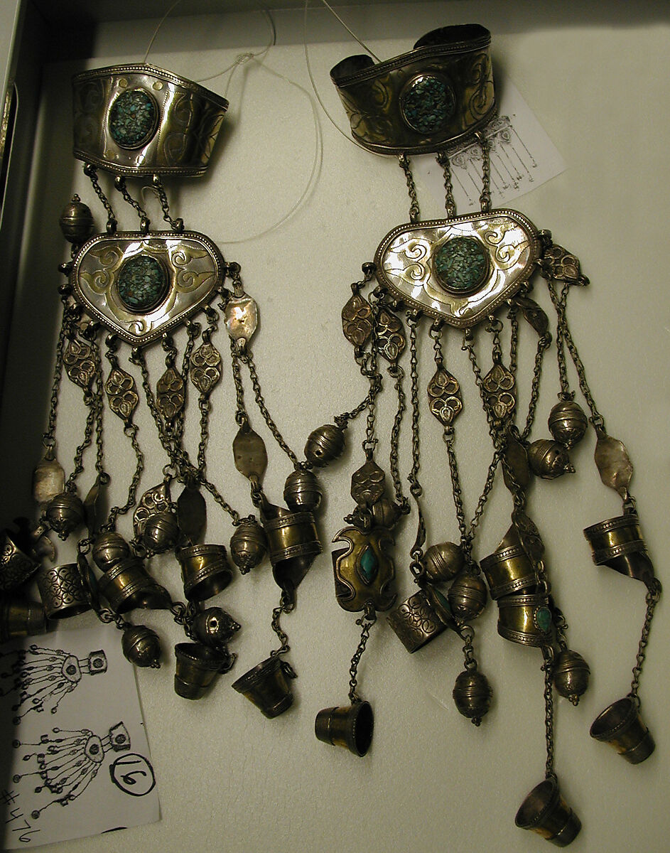 Armband with Bells, Rings, and Thimbles, One of a Pair, Silver, fire-gilded and chased, with decorative wire and applied decoration, loop-in-loop chains with bells, and turquoises