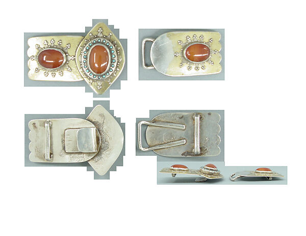 Belt Buckle, Silver; fire gilded with false granulation, slightly domed carnelians, and turquoise beads.