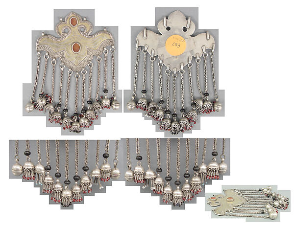Pectoral Ornament, Silver, fire-gilded and chased, with decorative wire, table-cut carnelians, chains, and bells decorated with stones and beads