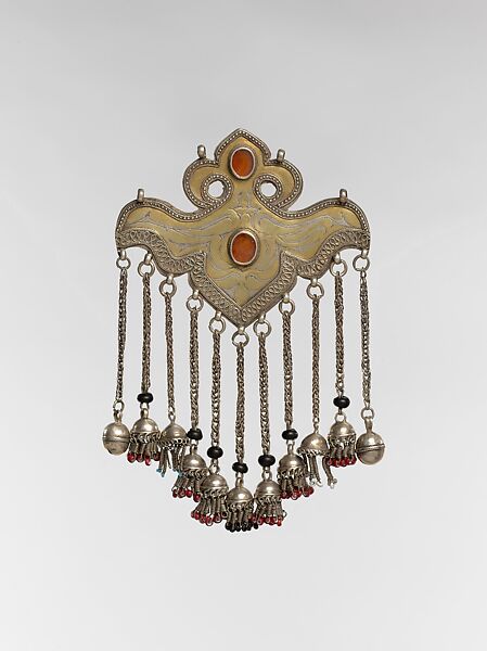 Pectoral Ornament, Silver, fire-gilded and chased, with decorative wire, table-cut carnelians, chains, and bells decorated with stones and beads