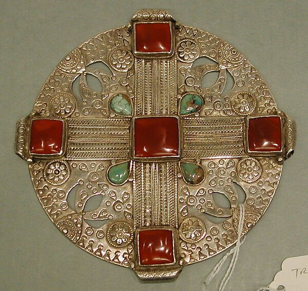 Pectoral Disc Ornament, Silver, with applied and punched decoration, openwork, decorative wire, and slightly domed turquoises and carnelians