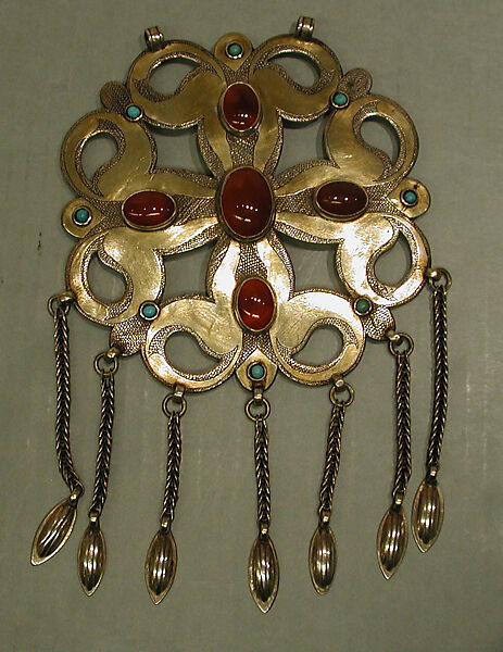 Pectoral Ornament, Silver; fire-gilded and chased, with openwork, wire chains, embossedpendants, slightly domed carnelians, and turquoise beads