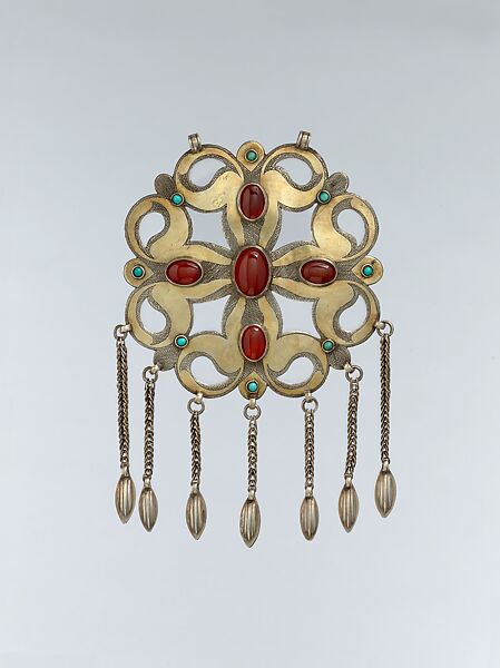Pectoral Ornament, Silver; fire-gilded and chased, with openwork, wire chains, embossedpendants, slightly domed carnelians, and turquoise beads 