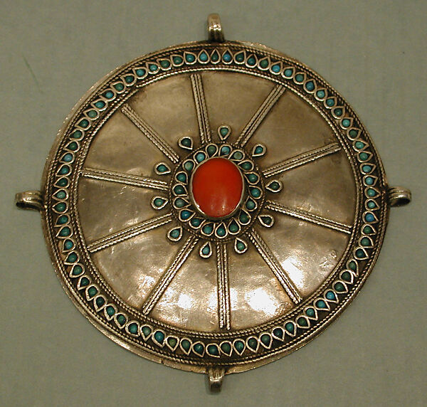 Pectoral Disc Ornament, Silver, twisted silver wire chains, table cut carnelian and turquoise beads