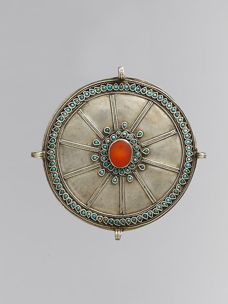 Pectoral Disc Ornament, Silver, twisted silver wire chains, table cut carnelian and turquoise beads 