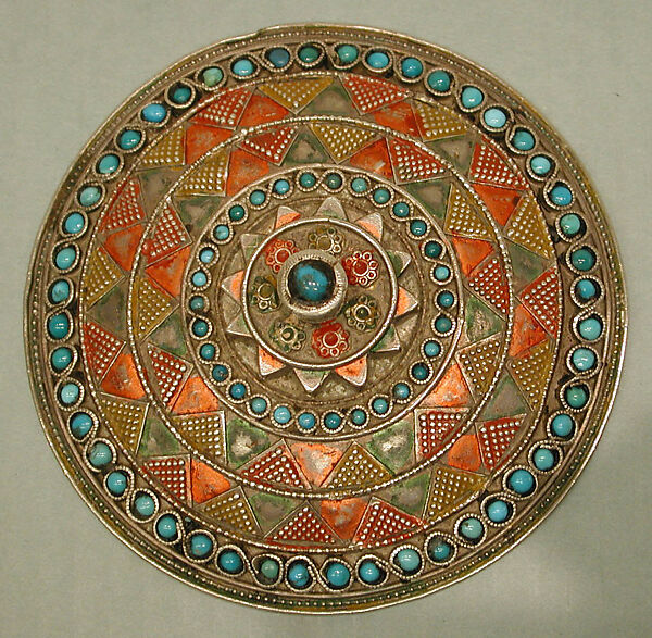 Pectoral Ornament, Silver; fire-gilded and engraved/punched with silver wire chains, applied gilt applique and slightly domed turquoise beads.