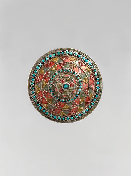 Pectoral Ornament, Silver; fire-gilded and engraved/punched with silver wire chains, applied gilt applique and slightly domed turquoise beads. 