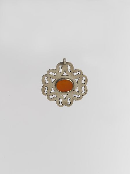 Pectoral Ornament, Silver; fire-gilded and engraved/punched with silver wire chains, applied gilt applique and slightly domed turquoise beads.
