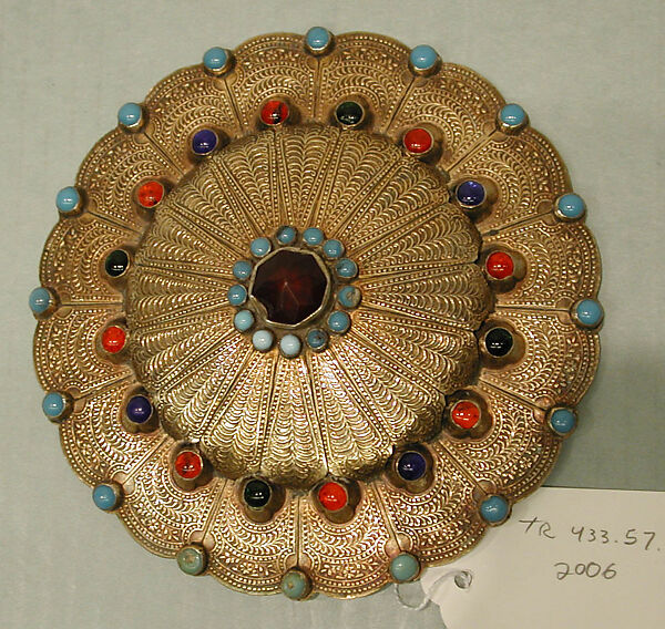 Collar Stud, Silver, with parcel-gilt stamping, embossing, glass stones, and turquoise beads