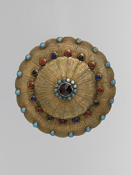 Collar Stud, Silver, with parcel-gilt stamping, embossing, glass stones, and turquoise beads 