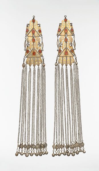 Pair of Long Temple Pendants, Silver; fire-glided and chased, with openwork, table-cut carnelians, loop-in-loop chains, bells, and embossed pendants