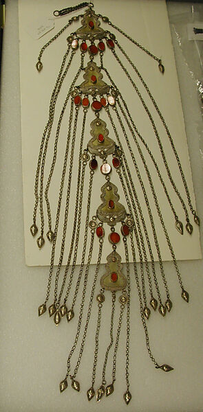 Temple Pendant, Silver; fire-gilded, with decorative wire, table-cut carnelians, glass stones, loop-in-loop chains, and embossed pendants