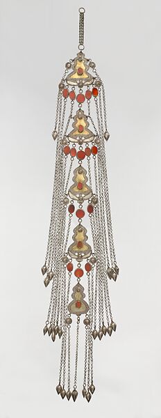 Temple Pendant, Silver; fire-gilded, with decorative wire, table-cut carnelians, glass stones, loop-in-loop chains, and embossed pendants 