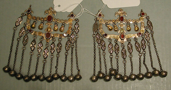 Dorsal Headdress Ornament, One of a Pair, Silver, carnelian