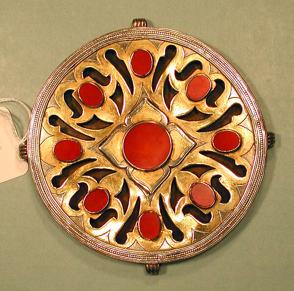 Pectoral Disc Ornament, Silver; fire gilded and chased, with openwork, decorative wire, and table cut carnelians
