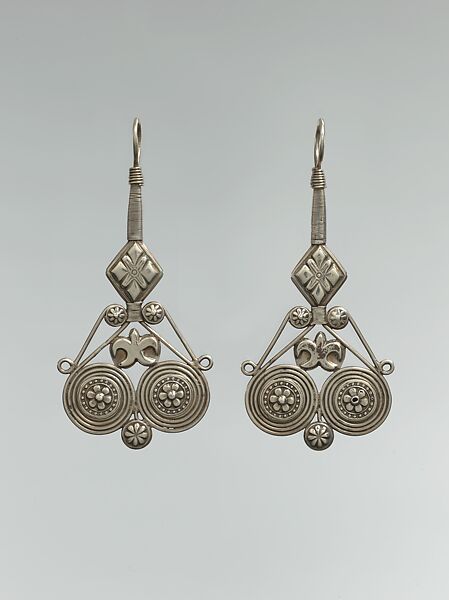 Earring, One of a Pair, Silver; fire-gilded with embossed and twisted wire decoration 