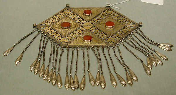 Pectoral Ornament, Silver; fire-gilded, with stamping, decorative wire, openwork, wire chains with embossed pendants, and table-cut carnelians