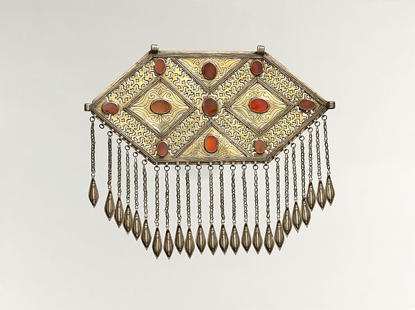Pectoral Ornament, Silver; fire-gilded with punched and stamped openwork decoration, silver twisted chains with embossed pendants, and table cut carnelians 